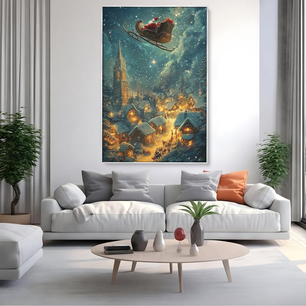 Tablou canvas cu tablou canvas cu mos craciun in sanie, in rama de aluminiu argintiu, pe perete intr-un living